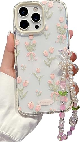 JANDM Compatible with iPhone 13 Pro Case with Flowers Strap, Clear Pink Tulip Floral Pattern with Cute Pearl Leaf Charm Wrist Keychain, Soft Women Girls Shockproof Protective Cover