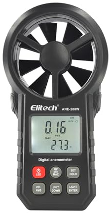 Elitech Anemómetro Digital, Medidor de Velocidad del Viento y Temperatura para HVAC, Medición de Flujo de Aire CFM/CMM Bluetooth, Exportación de Datos USB, Pruebas Ambientales ANE-200W