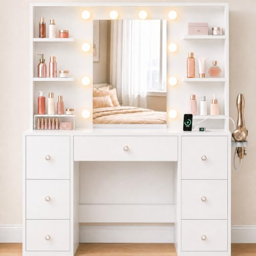 Claiks Dressing Table with Mirror and Lights, Vanity Desk with 10 LED Bulbs, 7 Drawers & 6 Storage Shelves, Makeup Vanity Table with Power Outlet, USB Ports & Hair Dryer Holder, White
