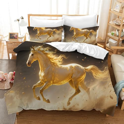 Gegeryozer Set di biancheria da letto con motivo cavallo, stampato 3D, con chiusura lampo, in microfibra morbida e confortevole, per bambini, ragazzi, ragazze, adulti (H5, 135 x 200 cm)