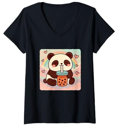 Femme Anime Kawaii Rainbow pour Les Amateurs de thé à Bulles Panda T-Shirt avec Col en V