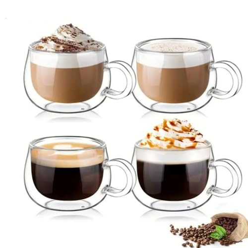 LoveFirst 4 * 150ml Tazas de Café de Cristal Expreso, Vasos de Espresso Transparentes con Aislamiento de Doble Pared con Asa, Tazas de Vidrio Borosilicato para Té, para Bebidas Frías y Calientes