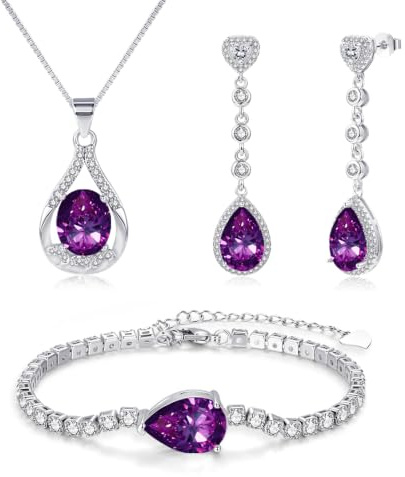 Zecimi Schmuck Set Damen, Tropfen Silber Ohrhänger & Halskette & Armband | Schmuckset mit Farbig Zirkonia Kristall, 925 Sterling Silber Hypoallergen Brautschmuck für Damen, Modeschmuck für Frau