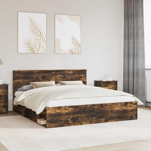 Qnhdfrt Bettrahmen 180x200 cm Geräucherte Eiche mit Kopfteil aus Massivholz und Lattenrost Modernes Design Robust und Langlebig für Schlafzimmer und Gästezimmer