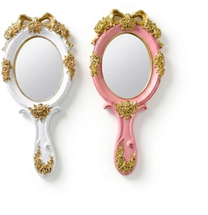 Zimoer Handspiegel mit Griff Vintage, 2 Stück Oval Schminkspiegel Handspiegel Geprägte Rose, Harz Kosmetikspiegel mit Griff Tragbar für Make up Friseur Zuhause Reisen (Weiß, Rosa)