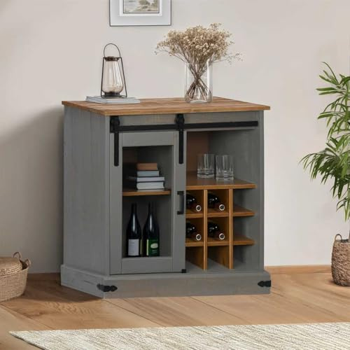 Foknhdi Credenza da 80 x 40 x 80 cm, in legno massiccio con porta scorrevole e 9 portabottiglie di vino, design rustico con robusto pino e metallo per soggiorno, camera da letto, corridoio
