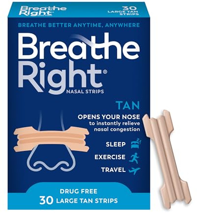 Breathe Right Nasal Strips, Extra Strength Tan Nose Strips, Drug-Free Nasal Congestion Relief for Better Breathing, Help Relieve Snoring, Caused by Colds & Allergies, Deviated Septum, 30ct