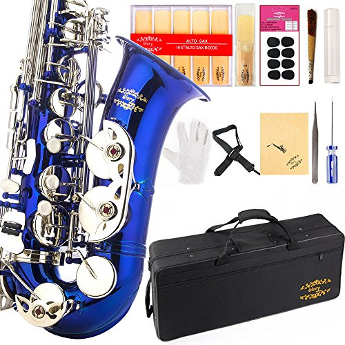 Glory E Flach Alto Saxophon mit 11reeds, 8 Pads Kissen, Fall, carekit Blue/Silver keys