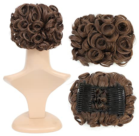 SWACC Short Messy Curly Dish Hair Bun Extension Easy Stretch hair Combs Clip in Ponytail Extension Scrunchie Chignon Tray Ponytail Hairpieces (Medium Ash Brown-8#)