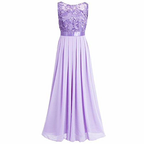 FEESHOW Femme Dentelle Robe de Soirée Demoiselle d'honneur Femme Robe de Mousseline de Soie Longue Maxi Élégant sans Manches Robe de Mariage/Cocktail Lavande 36