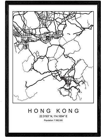 Mappa della città di Hong Kong stile nordico in bianco e nero. Manifesto A3 Dimensione incorniciata con cornice nera carta stampata 250 gr. Immagini, fogli e poster per salone e camera da letto