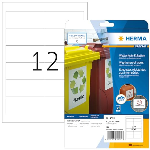 HERMA 4595 Wetterfeste Folienetiketten für Inkjet Drucker, 10 Blatt, 97 x 42,3 mm, 12 pro A4 Bogen, 120 Stück, selbstklebend, bedruckbar, matt, Klebeetiketten Aufkleber für Tintenstrahldrucker, weiß