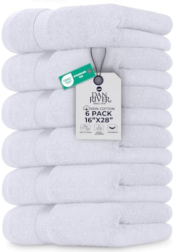 DAN RIVER 6-Pack Premium Hand Towels (16x28 Inches) - 100% Cotton, Ultra Soft, Lightweight, Highly Absorbent Towels for Bathroom, Spa, Gym, Salon, Hotel, and Travel - White