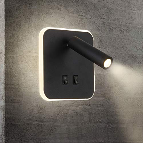TWSXTE Feux de chevet LED Lampe murale hotel intérieur Lumières mural lit Lampe murale couloir avec interrupteur Noir 3W + 10W (Carré)