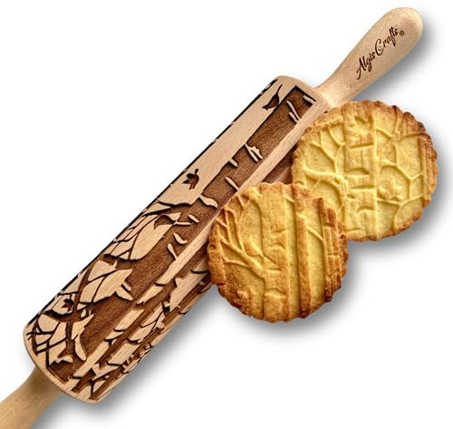 BIRCH Embossing Rolling Pin. Engraved Wooden Embossed Dough Roller for Embossed Cookies or Pottery by Algis Crafts