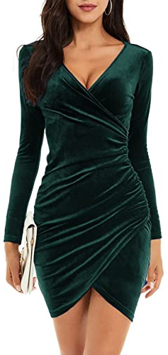 Niwicee Robe Velours Femme Hiver Soirée Élégante Col V Manches Longues Cache Coeur Robes Sexy Plissée Moulante Fête Noël Nouvel an Robe Cocktail Mariage