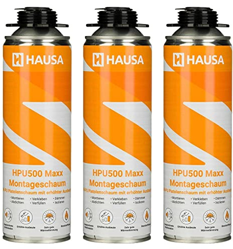 HAUSA Montageschaum HPU500 Maxx 3x 500ml grau B2 Pistolenschaum zum Verfüllen, Dämmen & Abdichten, extrem hohe Ausbeute, ausgezeichnete Dämm- & Isoliereigenschaften, Bauschaum für Schaumpistolen