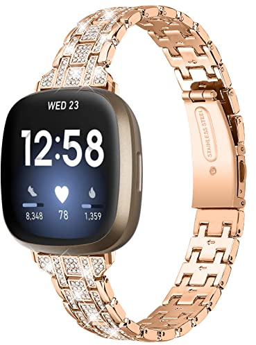 Gimuk Metallarmband Kompatibel Mit Fitbit Versa 4/Sense 2/Versa 3/Sense, Edelstahl Bling Strass Ersatzarmband für Damen Herren, Small/Large