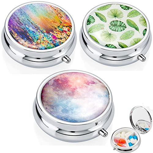 3 Stk Frauen Metall Pillendose Rund, Damen Klein Tablettendose 3 Fächer Tragbare Reise Edelstahl Pillendose Vintage Muster mit Spiegel Vitamine Medizin Tablet Organizer Case für Tägliche und Reise