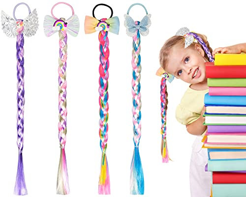 4 Stück Bunte Haarsträhnen, Regenbogen Prinzessin Zopf, Langhaar Perücke Zöpfefür Mädchen, Haarreif Zopf Mit Haargummi, Perücke Pferdeschwanz Haarteil Animation Cosplay Kinderperücke für Party Kostüm