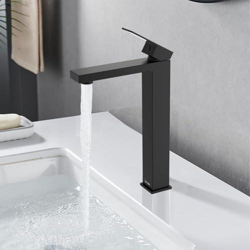DETBOM Wasserhahn Bad Schwarz, Waschtischarmatur Hoch aus Edelstahl, Hoch Auslaufhöhe 250 mm, mit Geräuscharmem Keramischem Ventilkern, Mischbatterie Waschbecken Heiß Und Kalt Einstellbar
