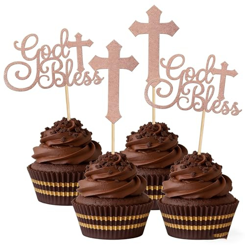 Xsstarmi 24 Stück Gott Segen und Taufe Cupcake Topper Glitzer Kreuz Cupcake Picks Erste Kommunion Christliche Taufe Thema Party Kuchen Dekorationen Zubehör Rose Gold