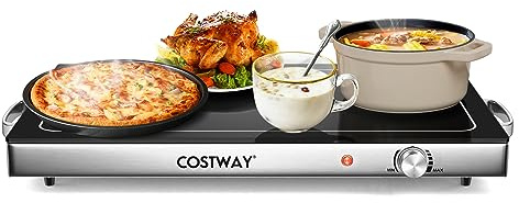 COSTWAY Calentador de Alimentos, Servidor de Buffet, Bandeja de Acero Inoxidable, Calentador de Comida con Tapa de Vidrio Resistente, Calentador de Platos, 300W, Temperatura Ajustable