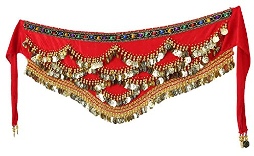 Bauchtanz Kostüm Damen, Bauchtanz Rock Wickelgürtel mit Goldmünzen Damen Bauchtanz Kostüm Hüfttuch, 150 x 31 cm (Rot)