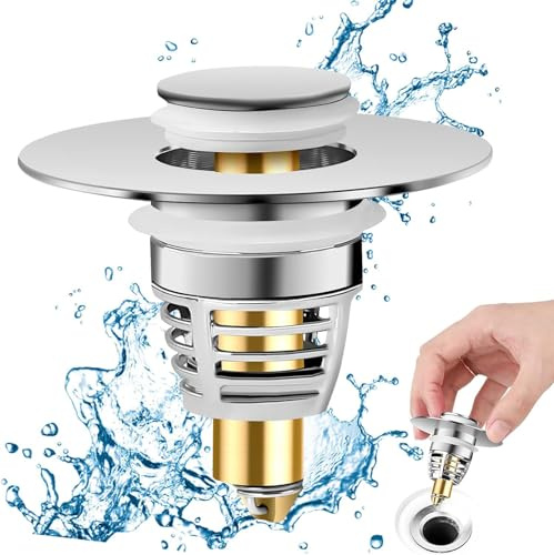 Edelstahl-Spülenabdeckung,Waschbeckenstöpsel(32-42mm),Universelles, Geruchsbeständiger Spüle Abfluss mit Silikondichtung und Duschkappe mit Anti-Clogging-Filter Universal Sink Stopper Ersatz
