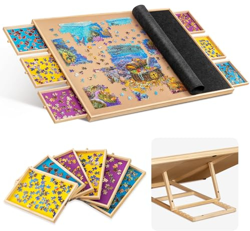 Becko US Tavola puzzle inclinabile da 2000 pezzi con 6 cassetti colorati e copertura, tavolo puzzle con supporto integrato, 5 regolazioni angolari, spazio per puzzle per adulti, con piano in flanella