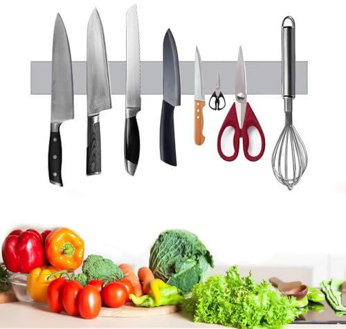 20 Inch Stainless Steel Magnetic Knife Holder, Adhesive Magnet Strip for Kitchen Utensils & Tools, Strong Magnetic Suction, 2 Installation Methods. Securely Store and Organize Your Kitchen.