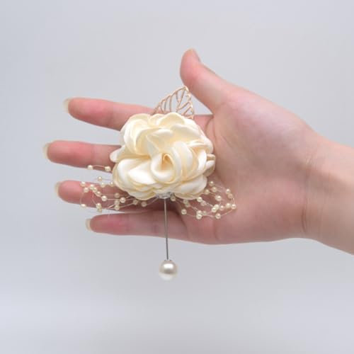 Hrlace bröllop boutonniere konstgjord ros corsage simulering blommor brosch handgjord satin blomma för brud brudgum brudtärna klänningar tillbehör beige 2 stycken