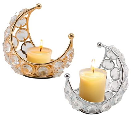 Ruiqas 2 Stück Mond Laterne Kerzenhalter Metall Kristall Teelicht für Party Home Hochzeit Party Dekoration Golden + Silber