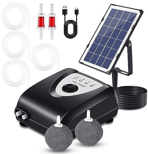 Ulsam Solar Pond Aerator with 2 Air Bubble Stones, Solar Pond Oxygen Pump 3 Modes Solar Powered Pond Aerator for Garden Fish Tank Outdoor Pool Pond