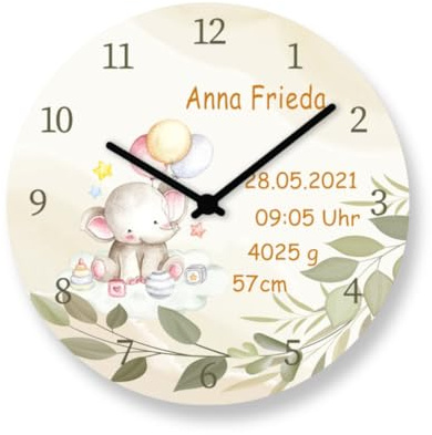 Faramosa Wanduhr Elefant mit Geburtsdaten Baby Geburtsuhr personalisierte Kinderzimmeruhr Geschenk zur Geburt