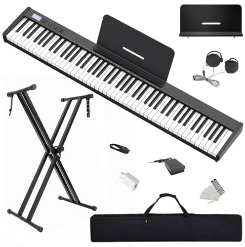 【Keyboard Piano Set mit Ständer】Longeye 88 Tasten E-Piano, Semi-Gewichtet, Kompakt und Tragbar, mit Tragetasche, Notenständer und Sustain-Pedal, Schwarz (Slim-88)