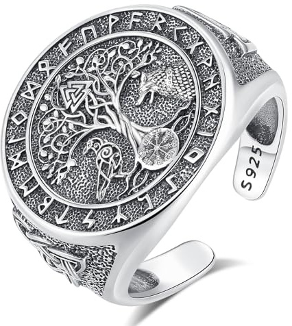 INFUSEU Anello Albero della Vita, Argento Sterling 925 Uomo Vichingo Regolabile Rune Bussola Nordica Vegvisir Amuleto Energia Lupo Cavallo Corno di Corvo Aquila Gioielli Regalo per Donne Uomini