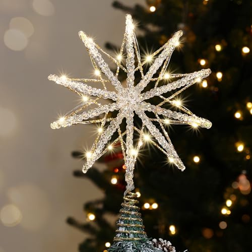 Luxspire Christmas Tree Topper, Lighted Star Tree Topper with USB Remote Control, 10Clear Metal Christmas Decorations Lights,Light Up Xmas Star Vintage Modern Ornaments for Home Party, Champagne