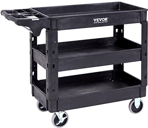 VEVOR Servierwagen, 3 Regale, Transportwagen, PP, Gesamtkapazität 249 kg, 83 kg, drehbare Räder (2 mit Bremsen), ergonomischer Griff für Werkzeuge, Garage, Lager, Büro