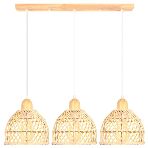 iDEGU 3 Hängelampen, modern, Deckenleuchte, aus Holz und Bambus, Spirale, Vintage, E27, Deckenleuchte, Retro, Hängeleuchte, Rattan, für Esszimmer, Küche, Wohnzimmer (Stange)