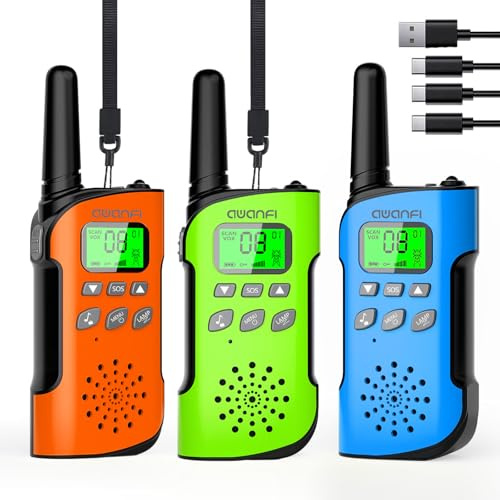 AWANFI Walkie-Talkie Bambini, 3 Pezzi Walkie Talkie Ricaricabile con Batteria, Torcia, Funzione SOS e VOX, Lungo Raggio, Walkie-Talkies per Campeggio, Avventure, Regali per Bambini 3 a 12 Anni