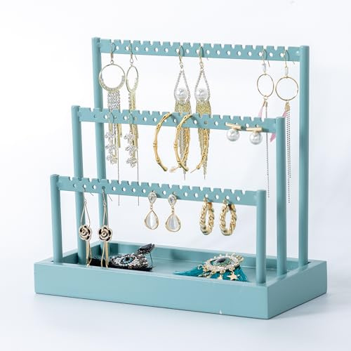 SANY DAYO HOME 3-Tier Earring Holder Organizer Stand, 105 Holes Teal Blue Metal Earring Rack Jewelry Display Tree with Wood Tray for Women and Girls