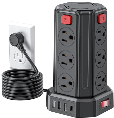 Power Strip Surge Protector, 6.5 Ft Extension Cord with 12 AC Multiple Outlets 4 USB (1 USB C), SMALLRT Power Tower Desktop Charging Station (Black, 6.5 Ft)