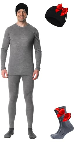 Merino.tech 100% Merino Biancheria Intima Uomo Set, Biancheria da Sci Merino Uomo, Baselayer a Maniche Lunghe e Mutande + Berretto, grigio, M