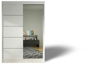 ELUKS - DELIN Sliding Doors Wardrobe with Mirror Furniture for Bedroom Living Room and Hall Wardrobe Organizer Width 100cm/120cm/150cm/180cm/200cm/WHITE/BLACK/OAK (White, 120cm)