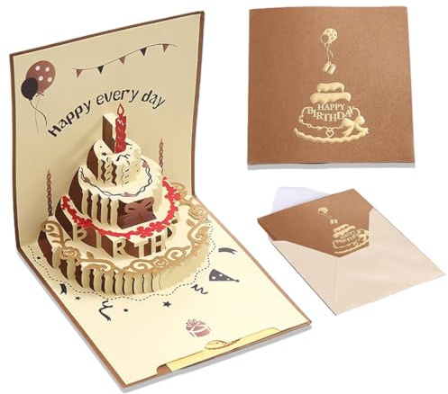 GXGM Biglietti di compleanno con busta, biglietto auguri compleanno, Premium 3D Pop Up, Happy Birthday per donne, uomini, mariti, moglie e bambini（Marrone）