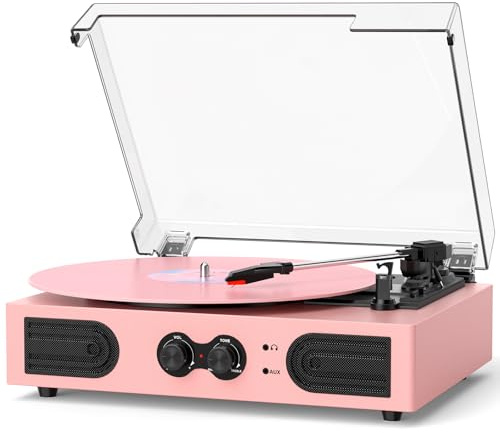 Vinyl Record Player with Built-in Speakers, Vintage 3-Speed Turntable, Bass/Treble Control, Headphone Jack, RCA/AUX Outputs, Belt-Driven LP Player, Pink