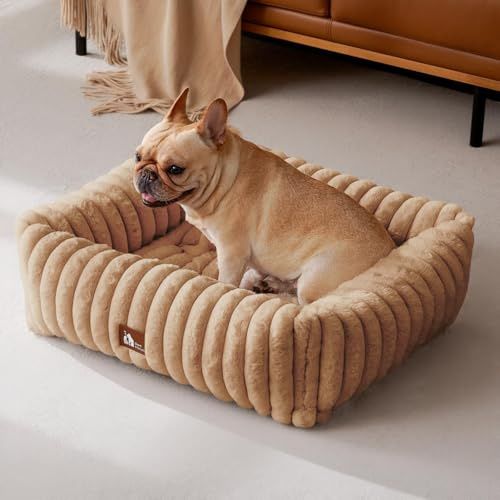 Upvilla Luxus Hundebett,Weiches Hundesofa,waschbarer Hundekorb M Warmsand | Superweiches Kaninchen-Kunstfell-Bezug, dick aufgefüllte Stützpolsterung, integrierter Tragegriff, Kleintierbett, Katzenbett