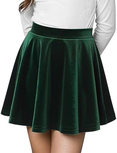 Spring&Gege Jupe Skater en Velours pour Filles, Basis Uni Élastique, Mi-Courte pour Uniforme Scolaire, Vêtement d'hiver (Vert Foncé, 9-10 Ans)
