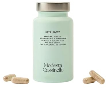 Modesta Cassinello – Hair Boost 60 gélules – Complément capillaire premium avec 13 actifs (AnaGain, Cynatine, Astaxanthine, Silicium, Ashwagandha) – Sans biotine – Formule contre la chute, pour la den